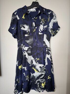 Parker NY 100% Silk Abstract Floral Shirt Dress - Navy, Grey and Yellow - Size S